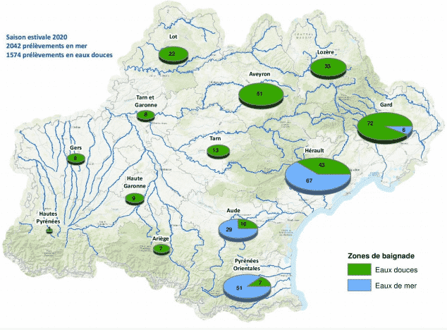 les zones de baignade analysées en Occitanie. ©ARS