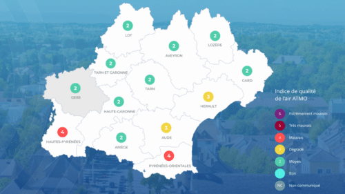 La carte de la qualité de l'air en Occitanie.